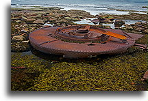Gun Mount::The remains of HMS Raleigh on the beach near Point Amour::