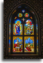 Stained glass window in the chapel::Pena Palace, Sintra, Portugal::